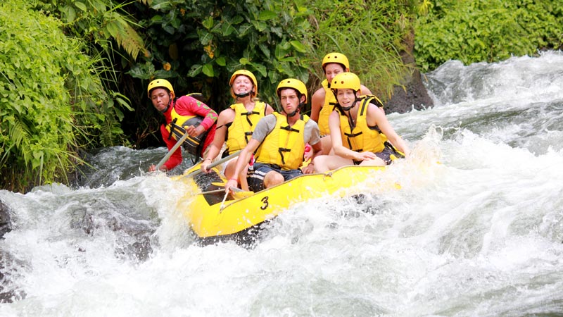 Intrepid rafters navigating Class 3 whitewater rapids in Bali's lush environment