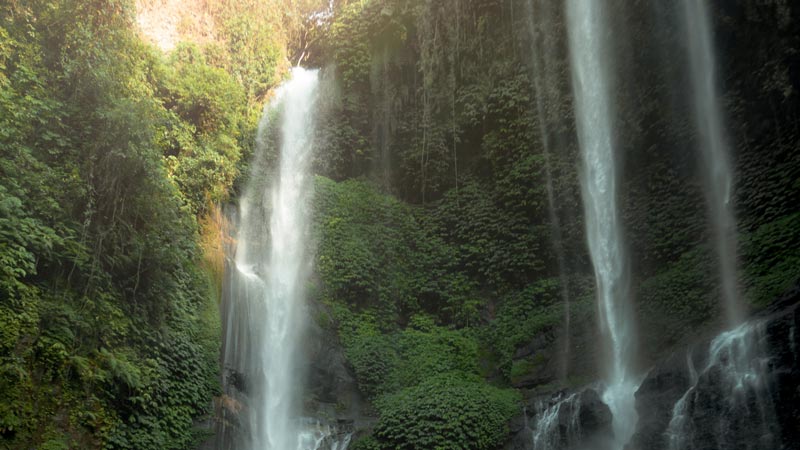 Sunlit Sekumpul Waterfalls cascading through lush greenery in Bali, Indonesia.