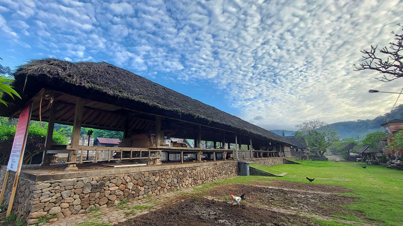 Thatched communal pavilion in Tenganan Village surrounded by traditional stonework and greenery.