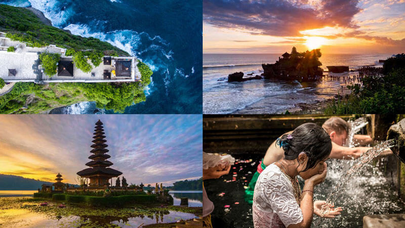 Collage of Bali's temples and cultural rituals, featuring ocean-side temple, sunset view, traditional ceremony, and iconic pagoda architecture