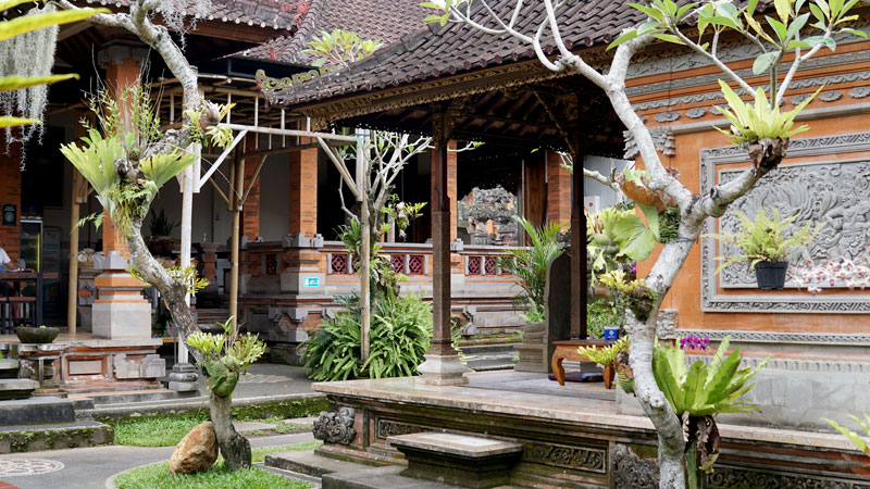 Traditional Balinese architecture of Warung Nasi Ayam Ibu Mangku Kedewatan near Ubud