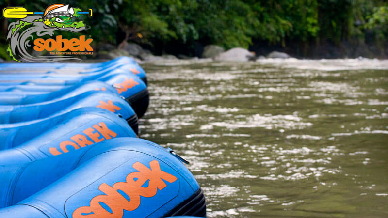 Row of blue Sobek rafts lined up along the riverbank of Bali's Ayung River.