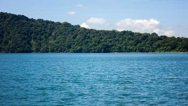 Crystal clear waters of Beratan Lake with lush greenery lining its shores in Bedugul.