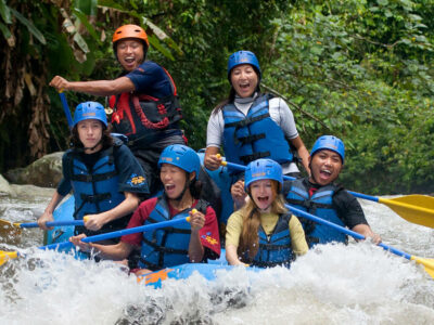 Group of tourists rafting-on Ayung River Ubud Bali