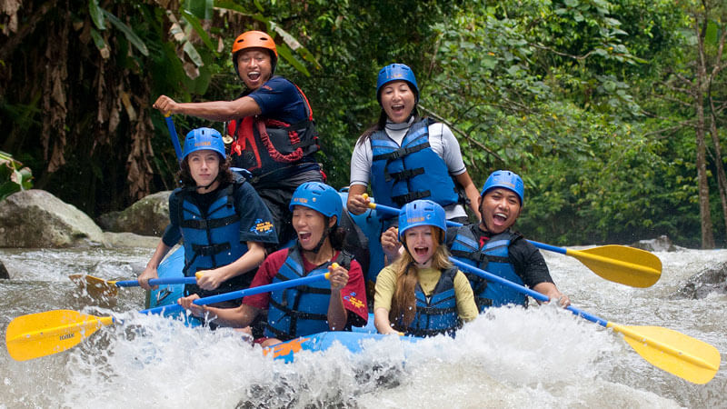 Group of tourists rafting-on Ayung River Ubud Bali