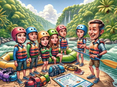 Beginners preparing for a rafting adventure in Bali with a guide explaining safety measures.