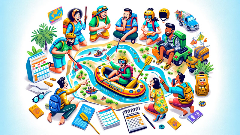 Tourists planning Bali river rafting trip with map and gear