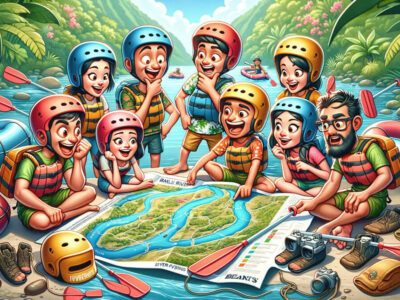 Animated group planning a Bali river rafting trip on a map, surrounded by nature and gear, capturing the excitement and strategic preparation for adventure.