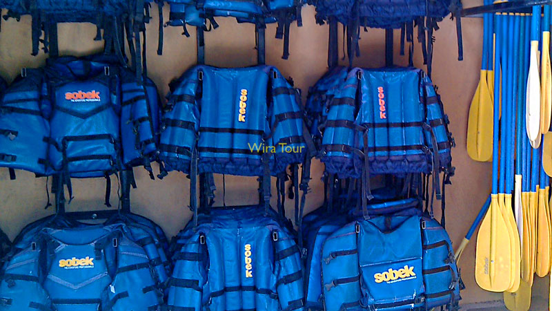 Array of blue and yellow Sobek life jackets for Bali rafting