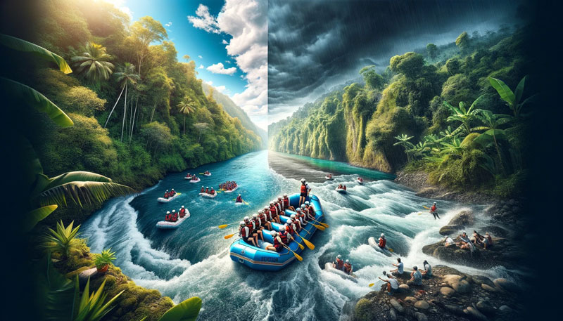 Illustration: Group of rafters navigating the Bali river rapids during the contrasting seasons, showcasing lush greenery and approaching storm clouds.