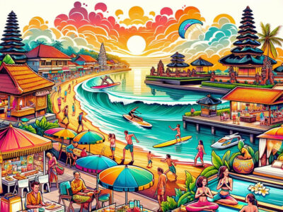 Colorful illustration of Seminyak's dynamic beach life with surfing, dining, and temples