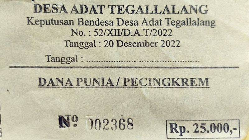 Entrance ticket for Tegallalang Rice Terrace, dated 20 December 2022, priced at IDR 25,000