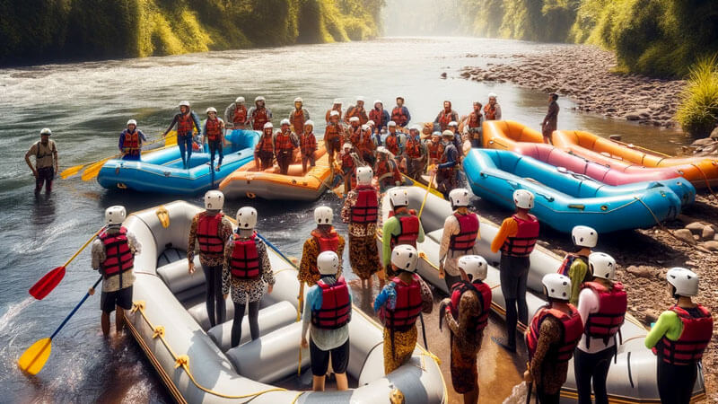 Photo Illustration: Group of rafters with safety gear beside colorful rafts on Bali riverbank, tropical foliage in the background.