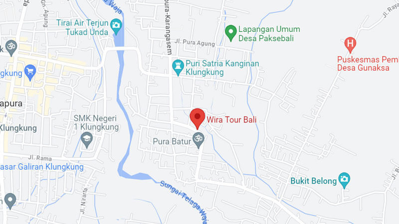 Map showing Wira Tour Bali location in Klungkung, near landmarks and hotels.