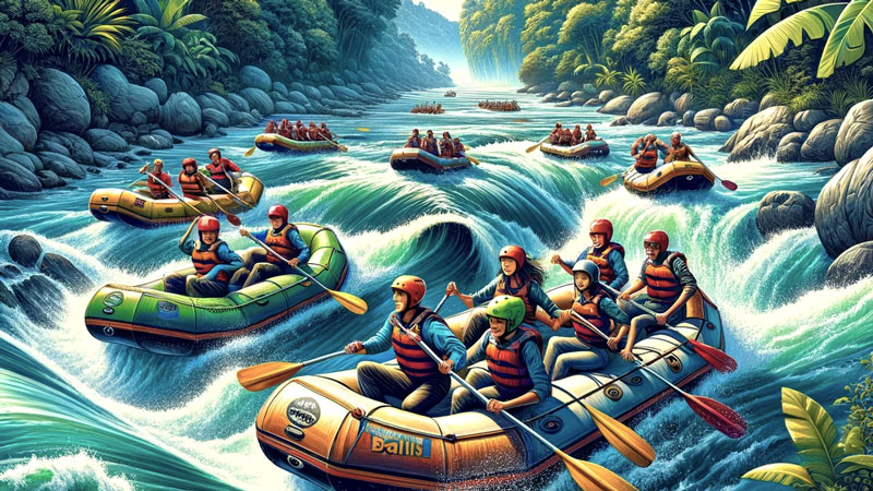 Photo Illustration: Group of joyful rafters paddling through Bali's Ayung River rapids surrounded by lush jungle.