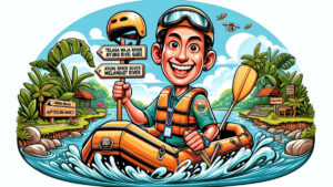 Cartoon caricature of a Wira Rafting guide with direction board for Telaga Waja River, Ayung River Ubud, and Melangit River.