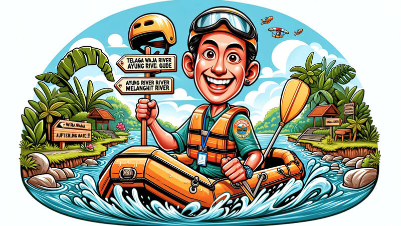 Cartoon caricature of a Wira Rafting guide with direction board for Telaga Waja River, Ayung River Ubud, and Melangit River.