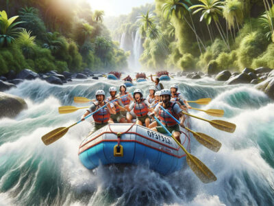 Rafting team conquering Class 4 rapids in Bali amidst lush tropical scenery