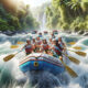 Rafting team conquering Class 4 rapids in Bali amidst lush tropical scenery