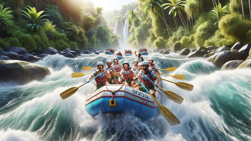 Rafting team conquering Class 4 rapids in Bali amidst lush tropical scenery