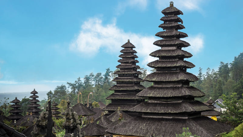 Meru towers at Besakih Temple with Mount Agung in the background