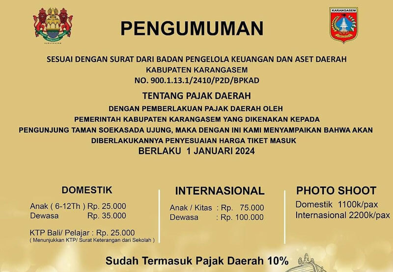 Entrance Fee Schedule for Taman Ujung Soekasada, Karangasem, Bali for 2024