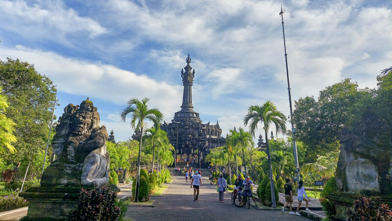 The Bajra Sandhi Monument in Denpasar with a bright blue sky, depicts typical Balinese architecture and a symbol of Indonesia's struggle for independence