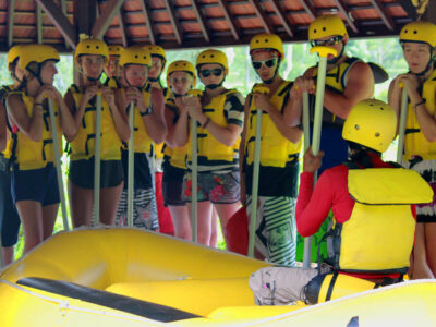 Rafting participants listen to a safety briefing in Bali.