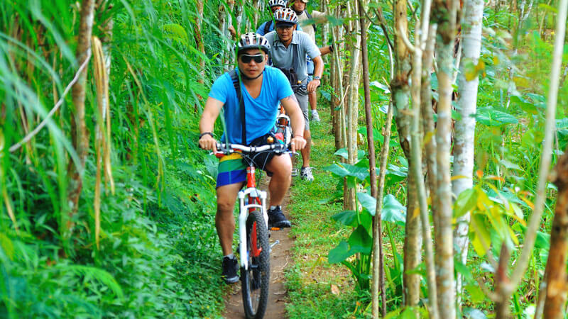 Enthusiastic cyclists on the palm-fringed trail with Batur Adventure Bike tour