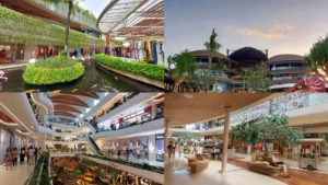 Collage of top shopping destinations in Bali, including Beachwalk Shopping Mall, ICON Bali Mall, and Seminyak Village Mall.