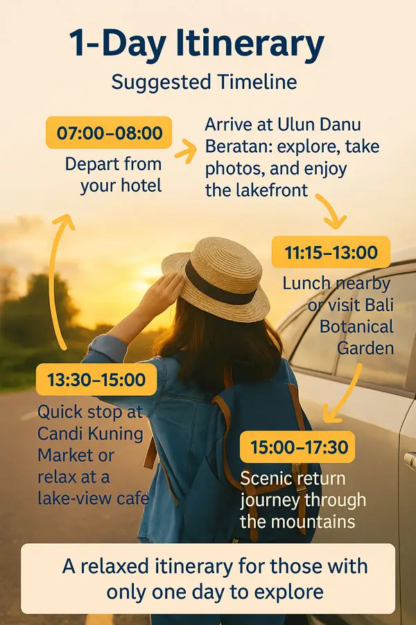 Infographic showing 1-day itinerary for visiting Ulun Danu Beratan Temple in Bali, with suggested travel times and stops