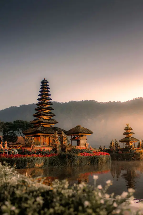 Ulun Danu Temple at sunrise with lake reflections in Bedugul highlands