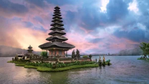 Ulun Danu Beratan Temple floating on Lake Beratan during sunrise in Bedugul, Bali