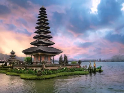 Ulun Danu Beratan Temple floating on Lake Beratan during sunrise in Bedugul, Bali