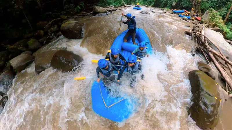 Adventure group rafting down rapid-filled Ubud River surrounded by dense jungle
