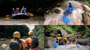 Collage showing Ayung River rafting during calm and rainy seasons, with families, couples, and adventure groups