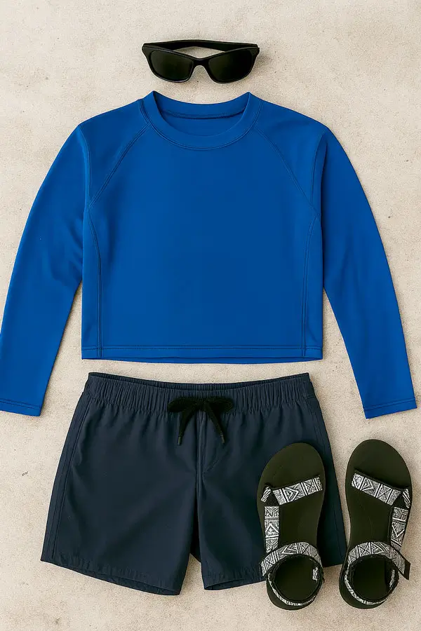 Complete rafting outfit for Ayung River, including rash guard, boardshorts, and river shoes