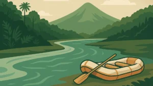 Calm river and forested hills with a resting rafting boat – header for Wira Rafting Bali Terms & Conditions