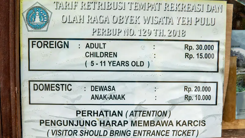 Entrance ticket prices displayed at Yeh Pulu Temple Ubud