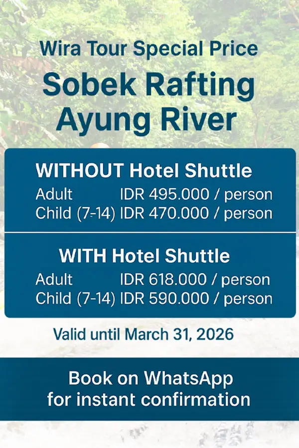 Price table for Sobek Rafting Ayung River package with hotel shuttle and without shuttle options on rafting photo