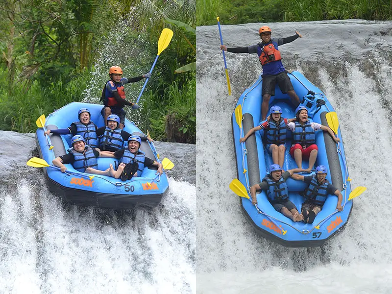 Sobek Telaga Waja raft mid-4m dam drop with guide and guests splashing through whitewater in East Bali.