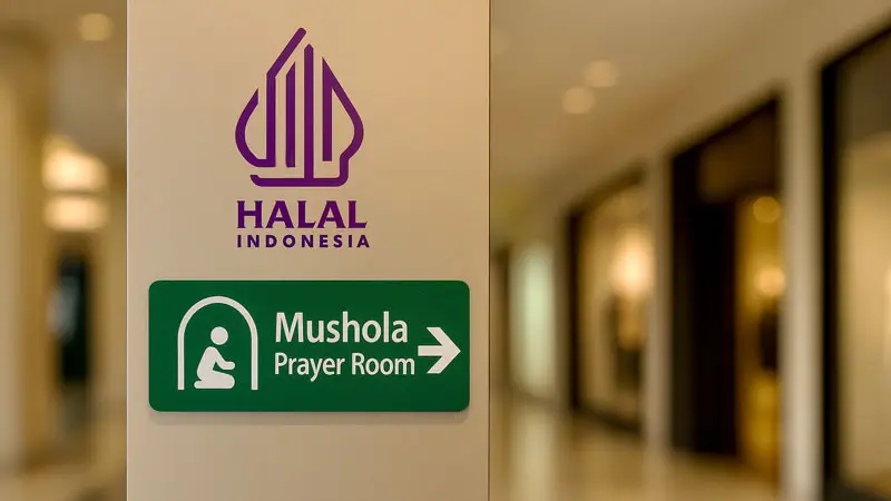Halal Indonesia logo and Mushola/Prayer Room directional sign
