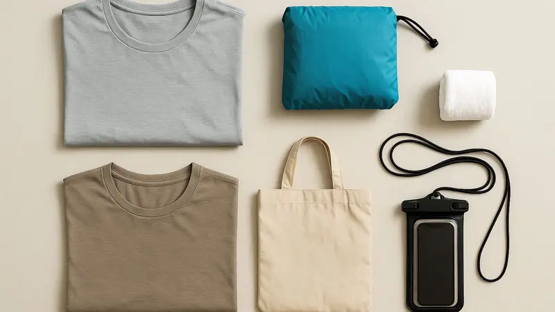 Quick-dry tops, compact rain jacket, phone pouch, and foldable tote for Bali in December