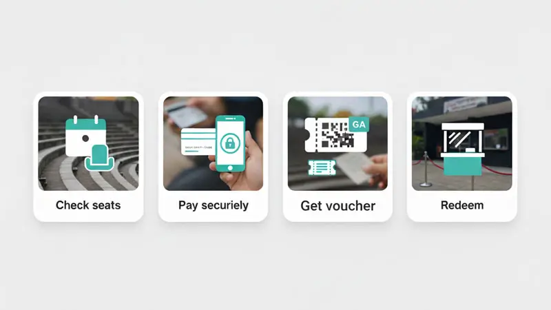 Four booking steps for Melasti Kecak tickets: check seats, pay securely, get voucher, redeem at ticket counter