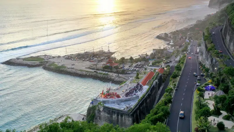 Aerial view of the Melasti amphitheater inside the beach complex, showing access road and shoreline