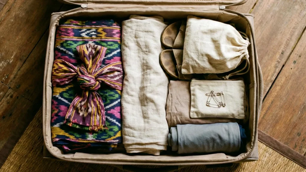 Open suitcase with sarong, light clothes, sandals, pouches, and safety pins neatly packed for travel
