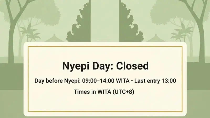 Flat vector notice: Nyepi Day closed; day-before hours 09:00–14:00 WITA, last entry 13:00