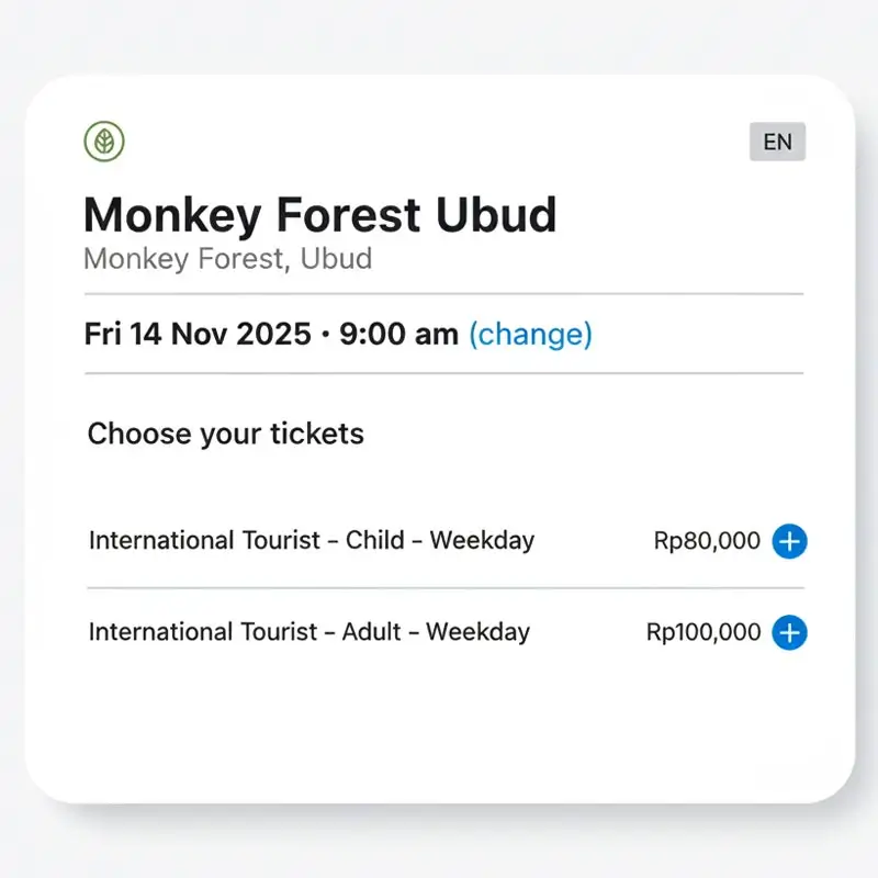 Online checkout showing Monkey Forest Ubud weekday ticket prices: Rp100,000 adult, Rp80,000 child.