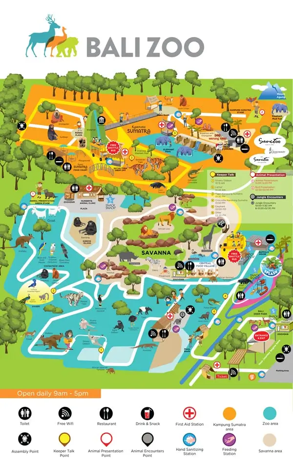 Official Bali Zoo map with zones, facilities, opening hours, and last entry