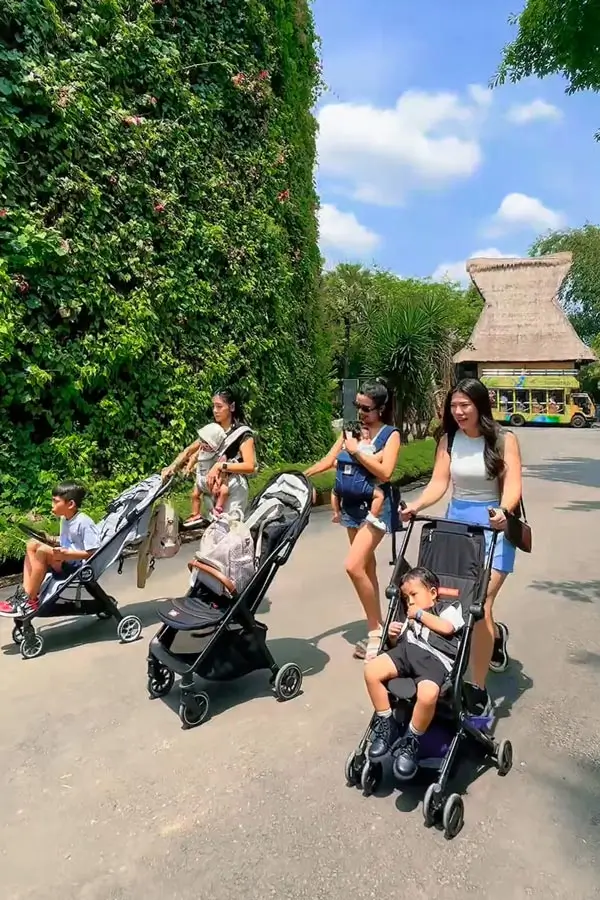 Families using strollers on a wide shaded pathway